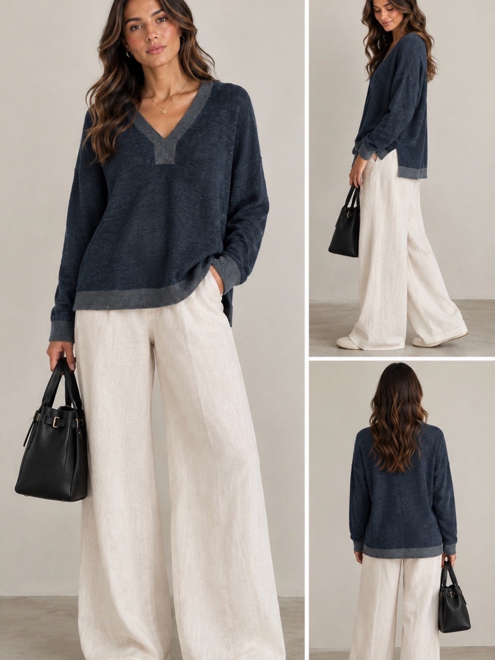 Barefoot Dreams Navy V-Neck Sweater with Heather Gray Trim PM